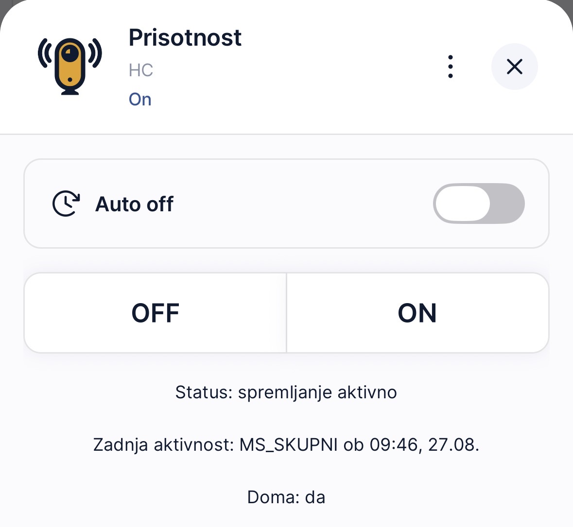 Nadzor prisotnosti — QuickApp zaslon