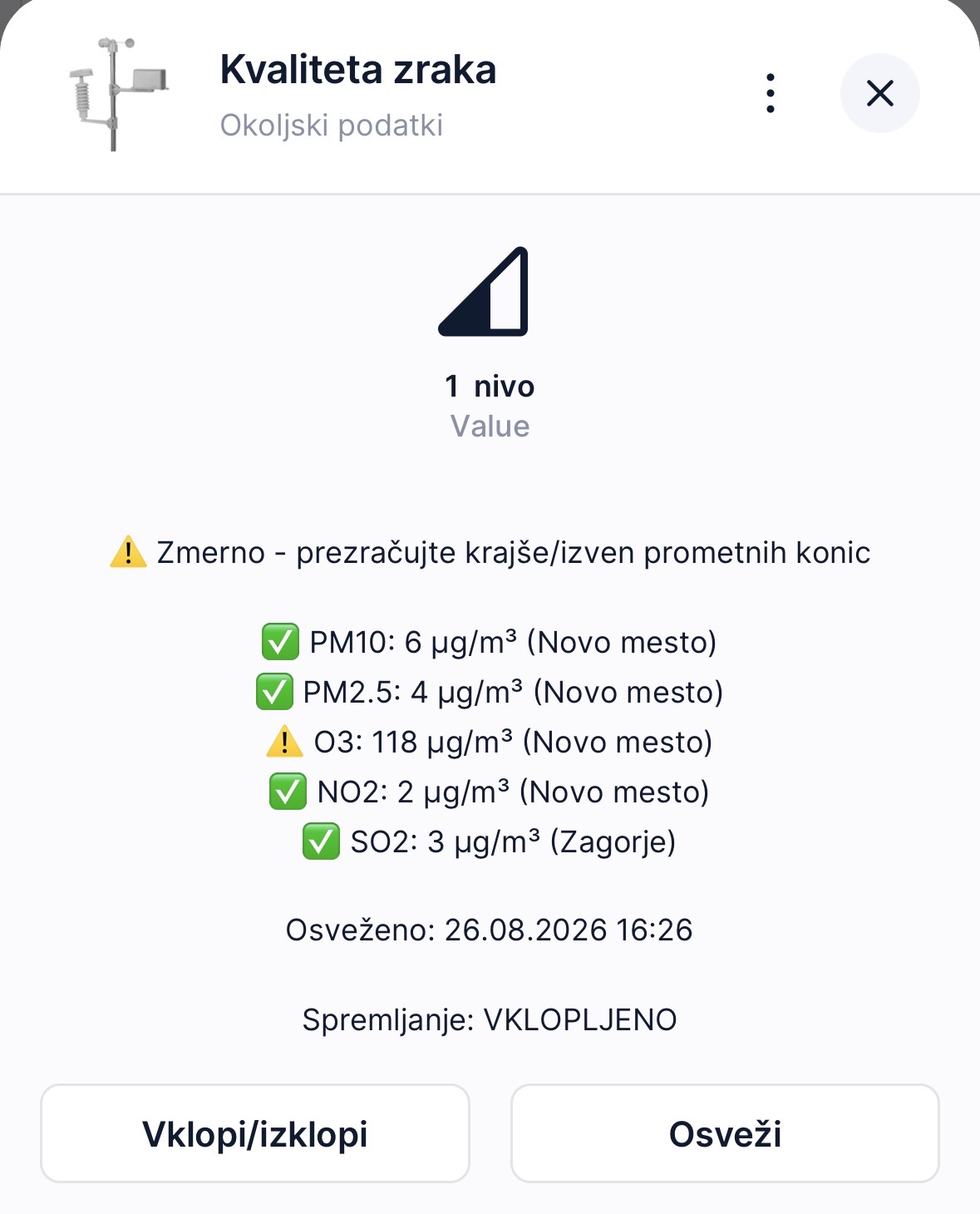 Kakovost zunanjega zraka — QuickApp zaslon